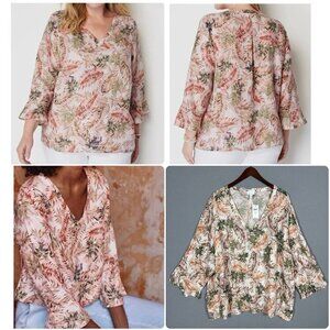NWT J Jill LOVE LINEN Top Size 4X Flounce Sleeve V-Neck Tropical Palm Leaves NEW